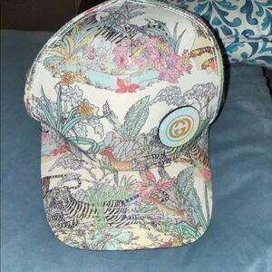 Tropical Floral Print Baseball Cap in Cream, Pink, Green